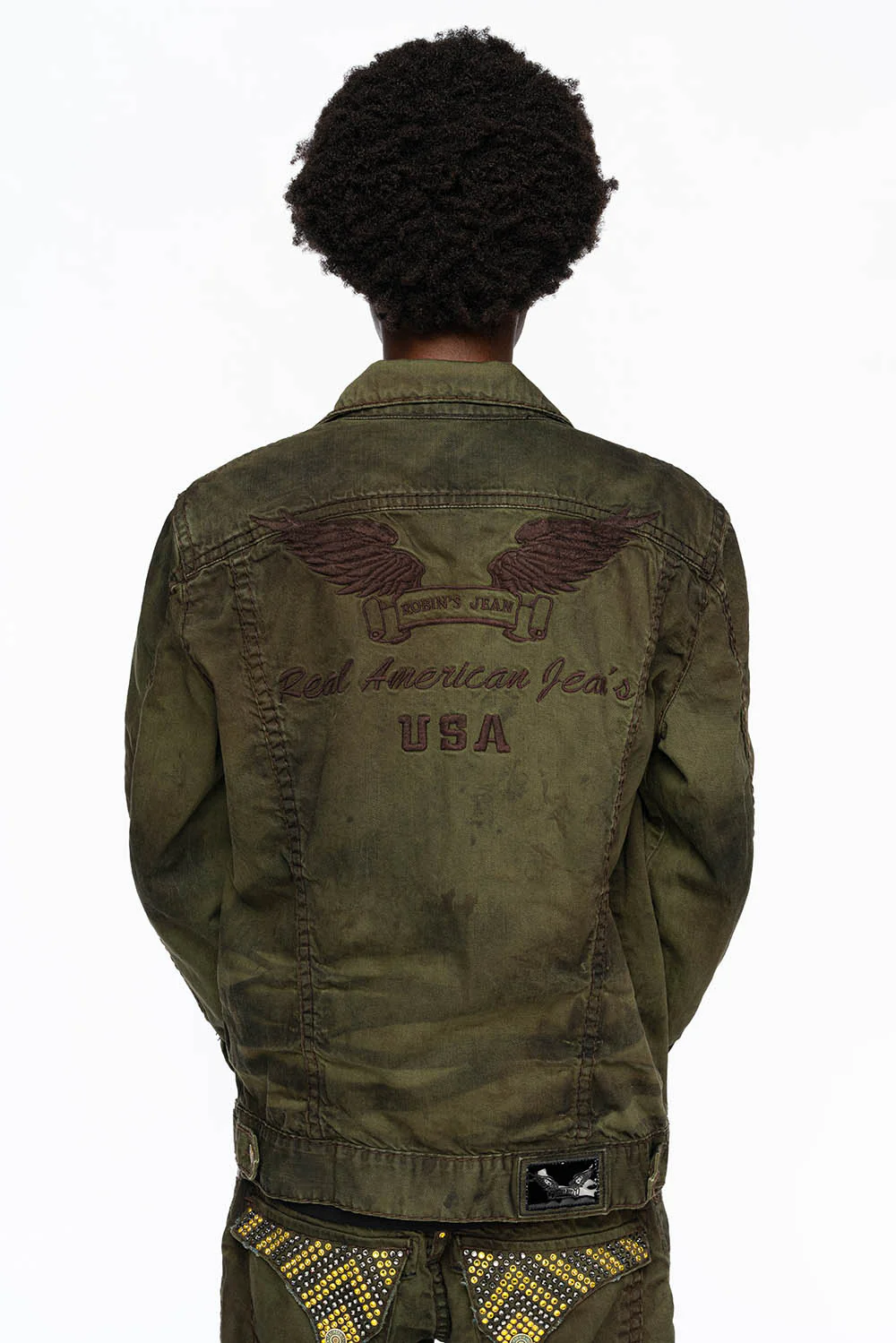 VINTAGE FASHION GREEN JEAN JKT WITH BROWN CONTRAST STICH WITH CRYSTALS - Image 6