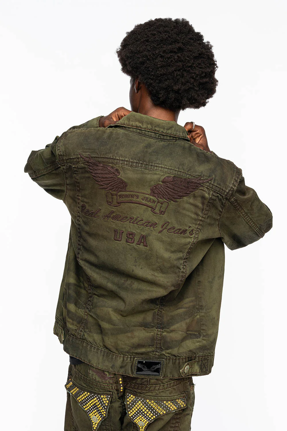 VINTAGE FASHION GREEN JEAN JKT WITH BROWN CONTRAST STICH WITH CRYSTALS - Image 7