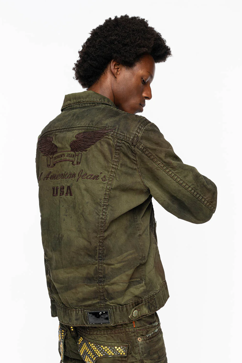 VINTAGE FASHION GREEN JEAN JKT WITH BROWN CONTRAST STICH WITH CRYSTALS - Image 8