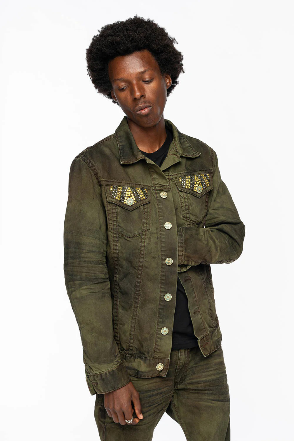 VINTAGE FASHION GREEN JEAN JKT WITH BROWN CONTRAST STICH WITH CRYSTALS - Image 9