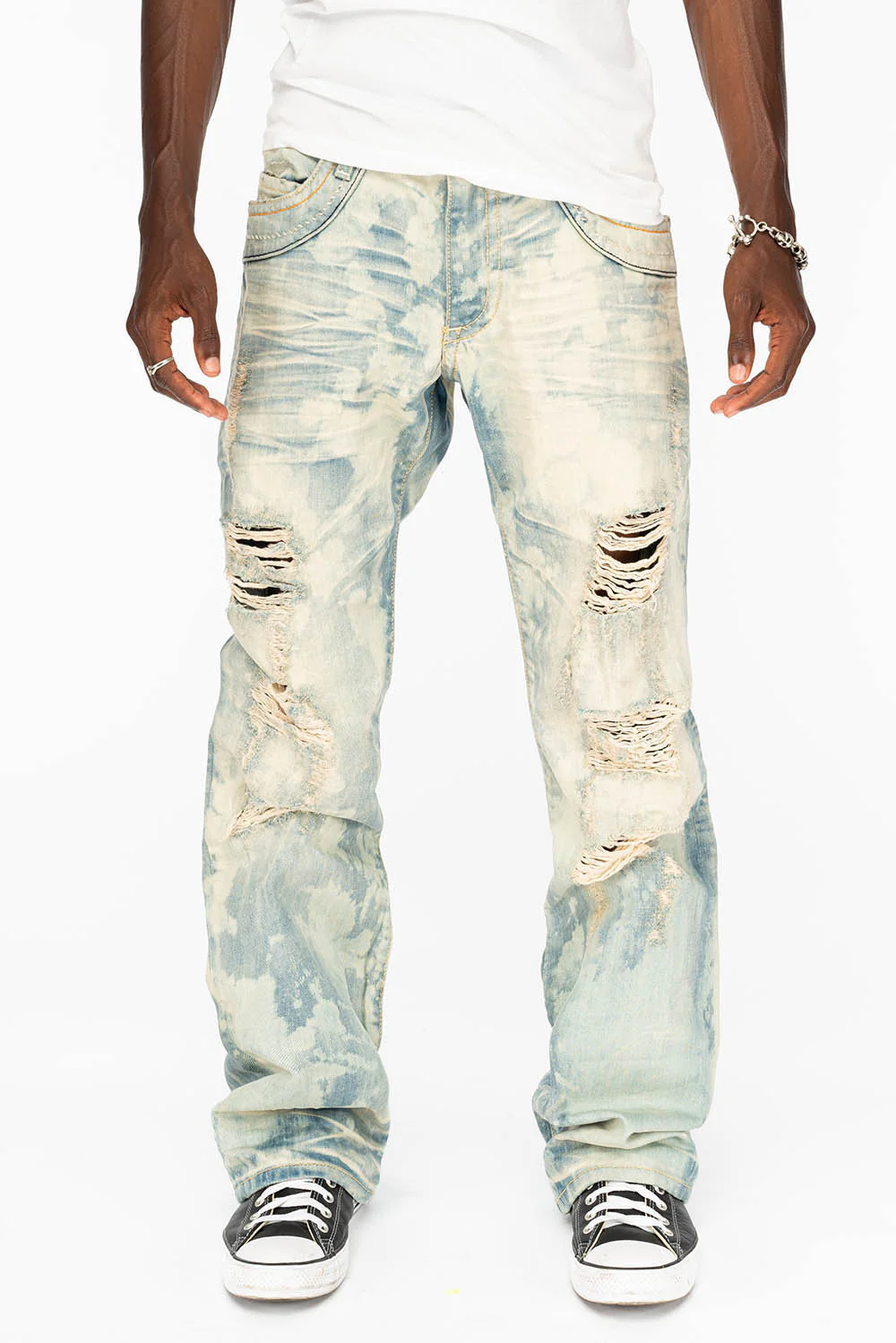 VINTAGE INDIGO DISTRESSED ,RIPPED JEAN  IN MIWOK BROKEN WASH WITH  ORANGE CRYSTALS - Image 3