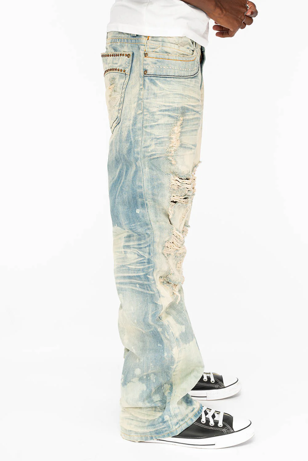 VINTAGE INDIGO DISTRESSED ,RIPPED JEAN  IN MIWOK BROKEN WASH WITH  ORANGE CRYSTALS - Image 4