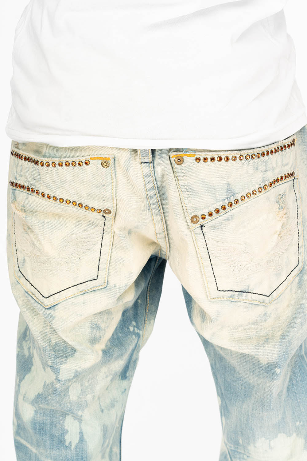 VINTAGE INDIGO DISTRESSED ,RIPPED JEAN  IN MIWOK BROKEN WASH WITH  ORANGE CRYSTALS - Image 5