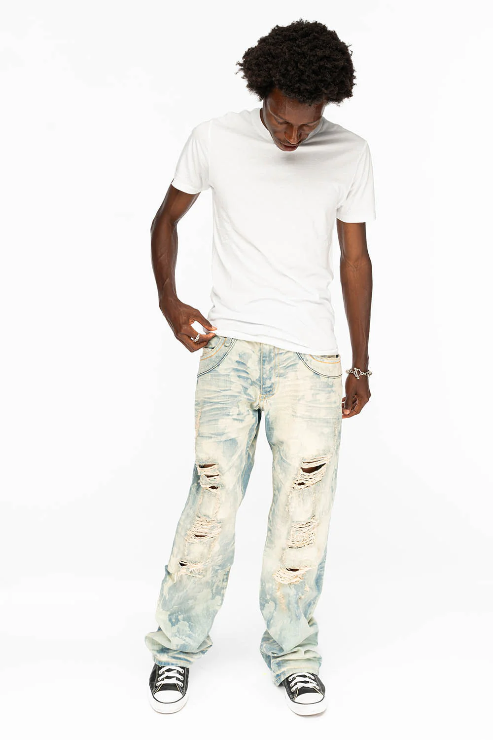 VINTAGE INDIGO DISTRESSED ,RIPPED JEAN  IN MIWOK BROKEN WASH WITH  ORANGE CRYSTALS - Image 7