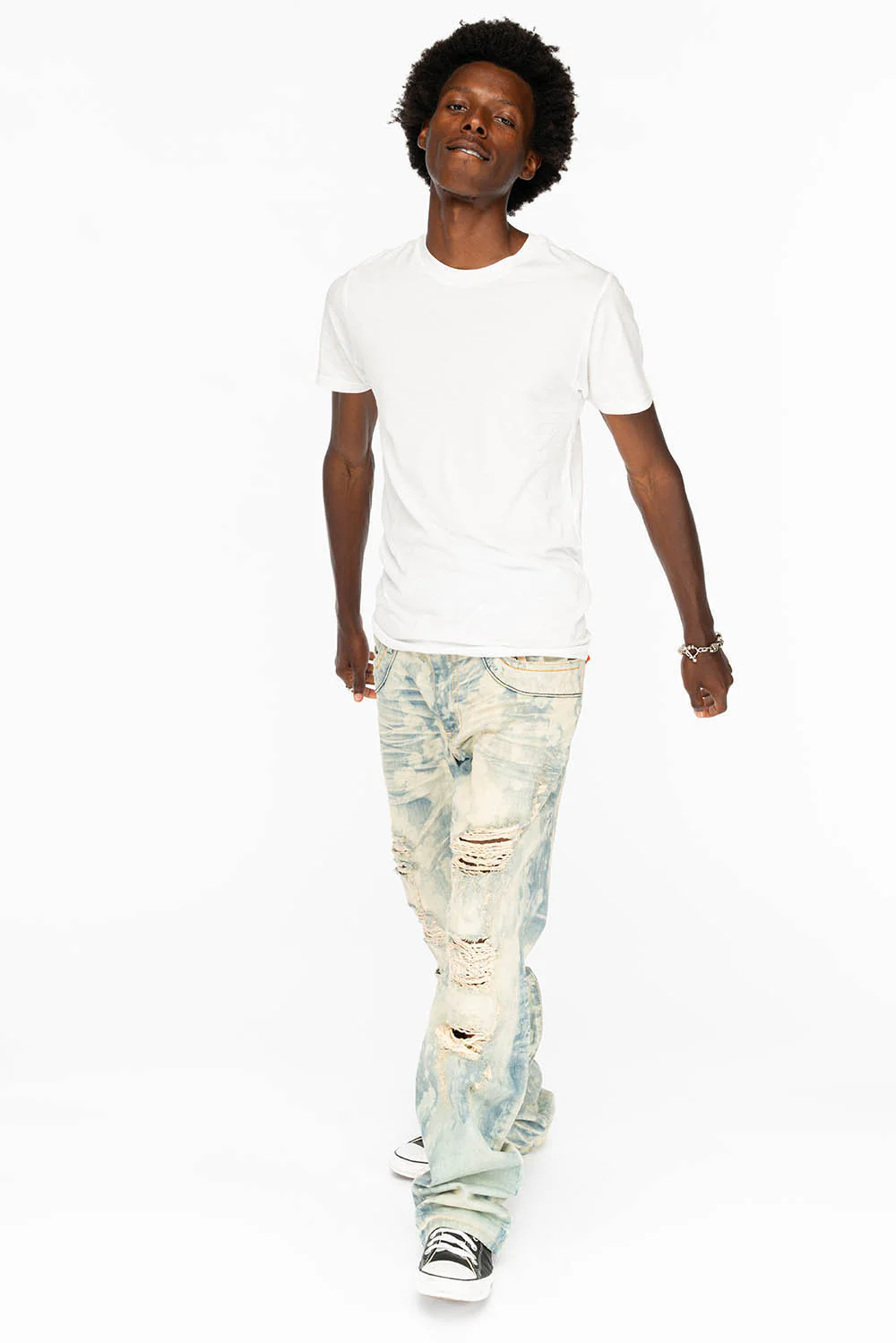 VINTAGE INDIGO DISTRESSED ,RIPPED JEAN  IN MIWOK BROKEN WASH WITH  ORANGE CRYSTALS - Image 8