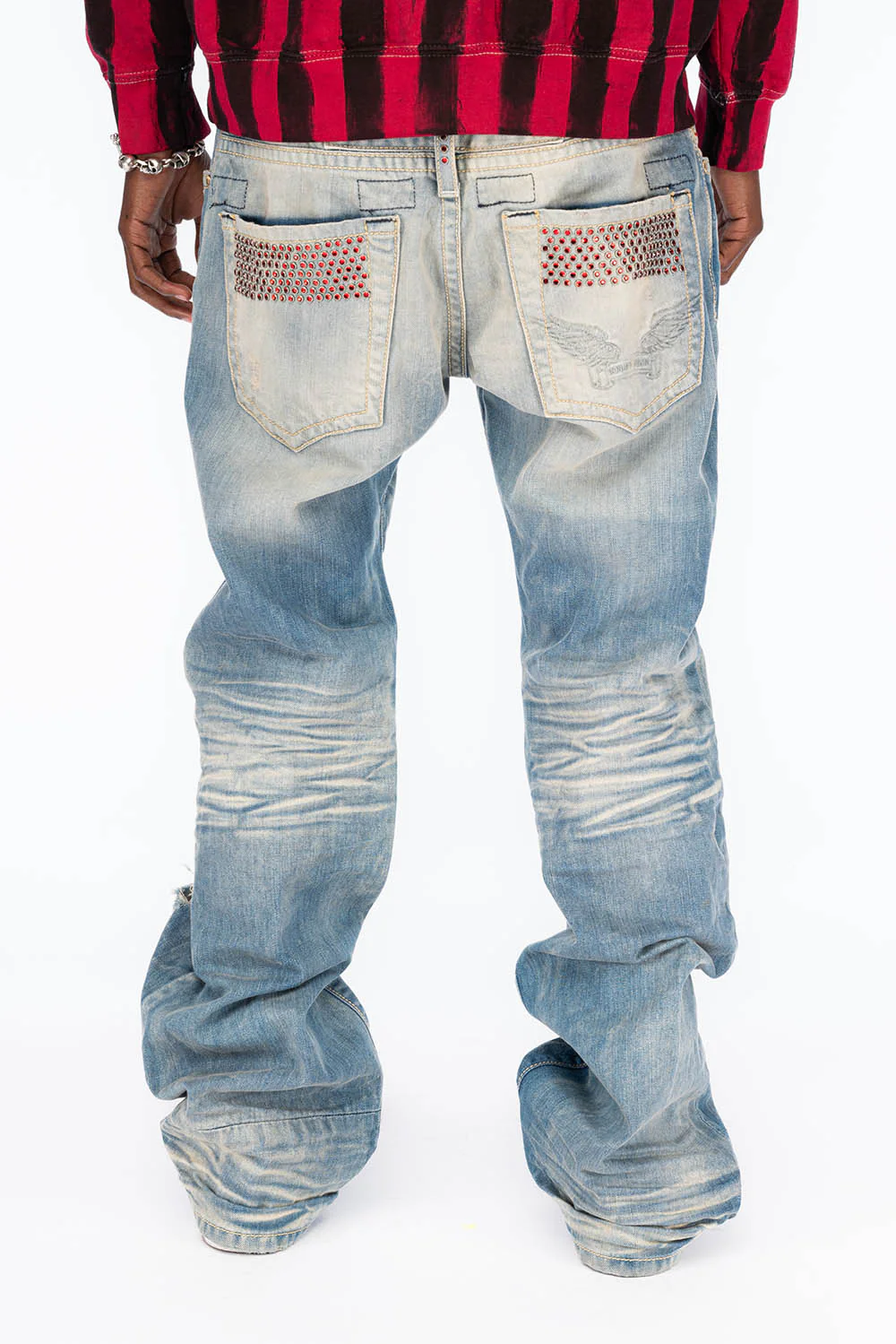 VINTAGE INDIGO DISTRESSED ,RIPPED JEAN IN OMAHA BROKEN WASH WITH RED CRYSTALS - Image 3