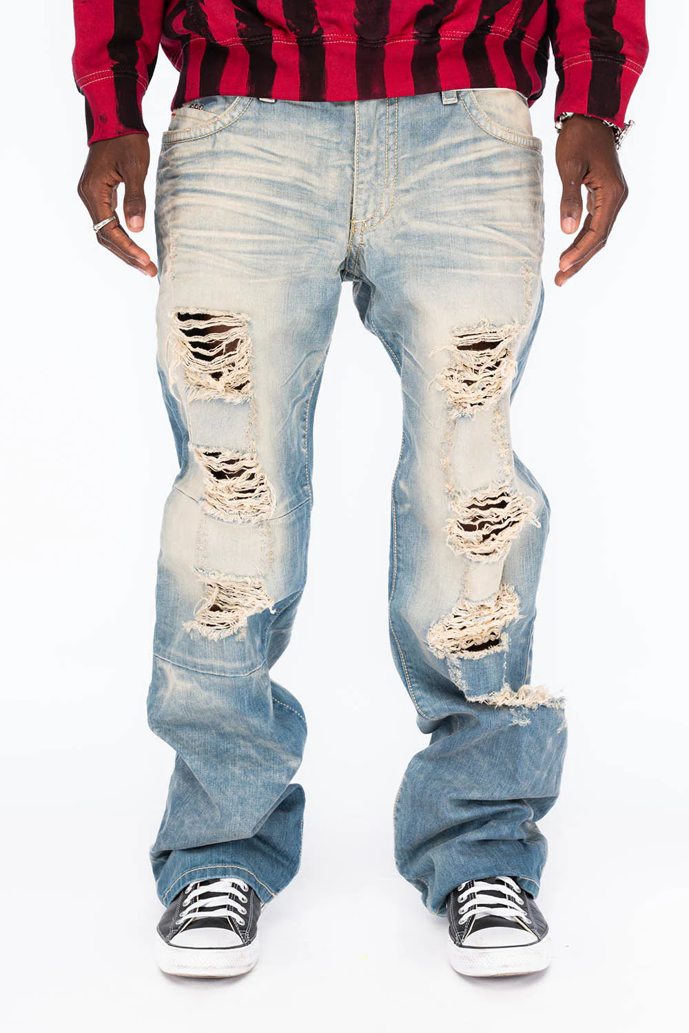 VINTAGE INDIGO DISTRESSED ,RIPPED JEAN IN OMAHA BROKEN WASH WITH RED CRYSTALS - Image 4