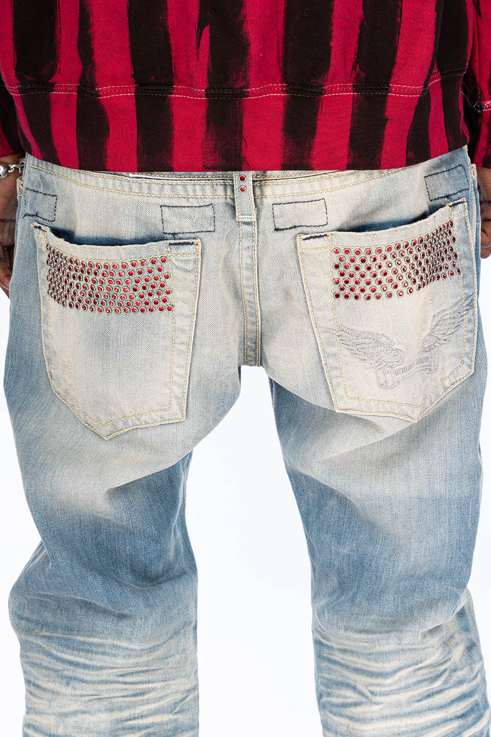 VINTAGE INDIGO DISTRESSED ,RIPPED JEAN IN OMAHA BROKEN WASH WITH RED CRYSTALS - Image 5
