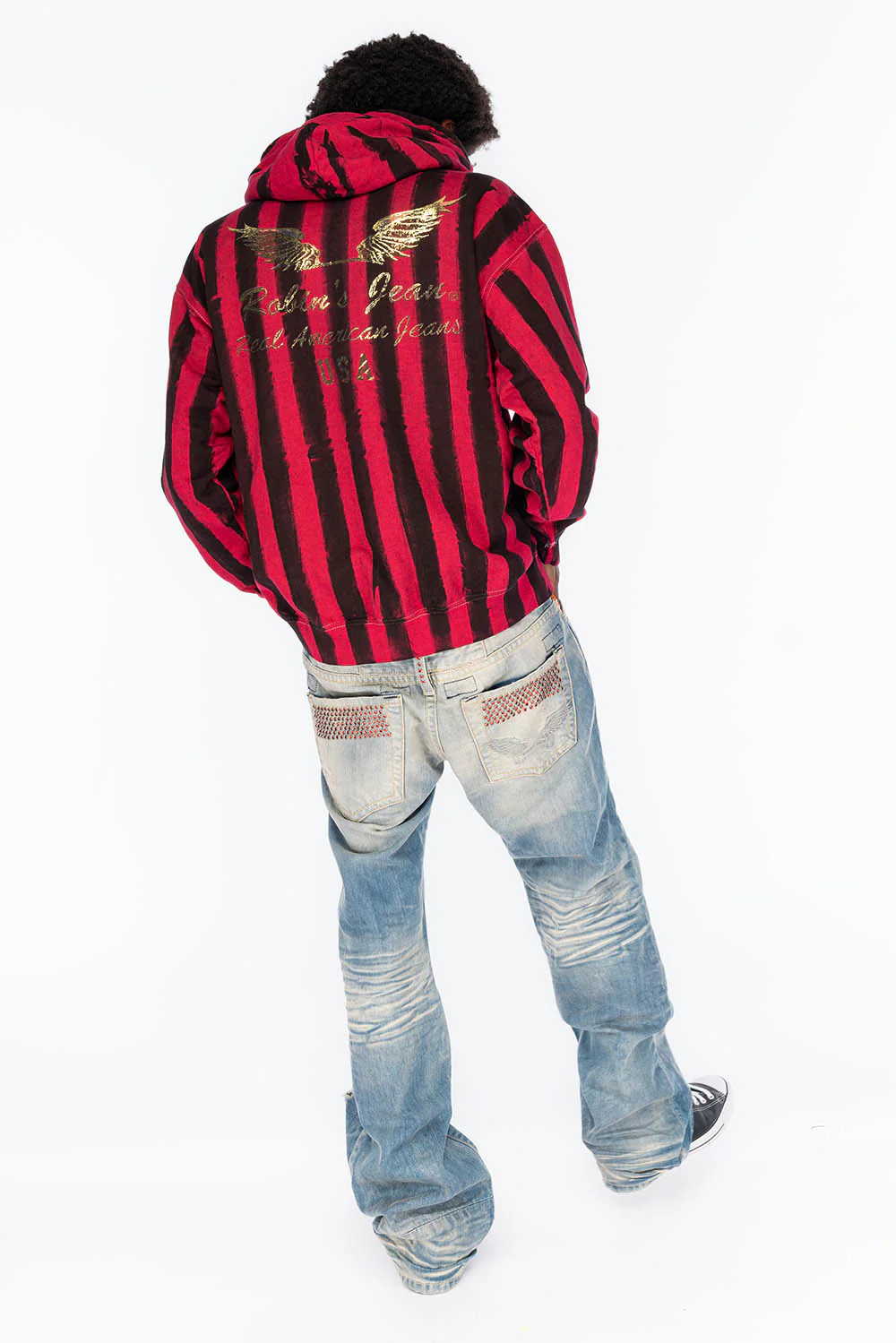 VINTAGE INDIGO DISTRESSED ,RIPPED JEAN IN OMAHA BROKEN WASH WITH RED CRYSTALS - Image 8