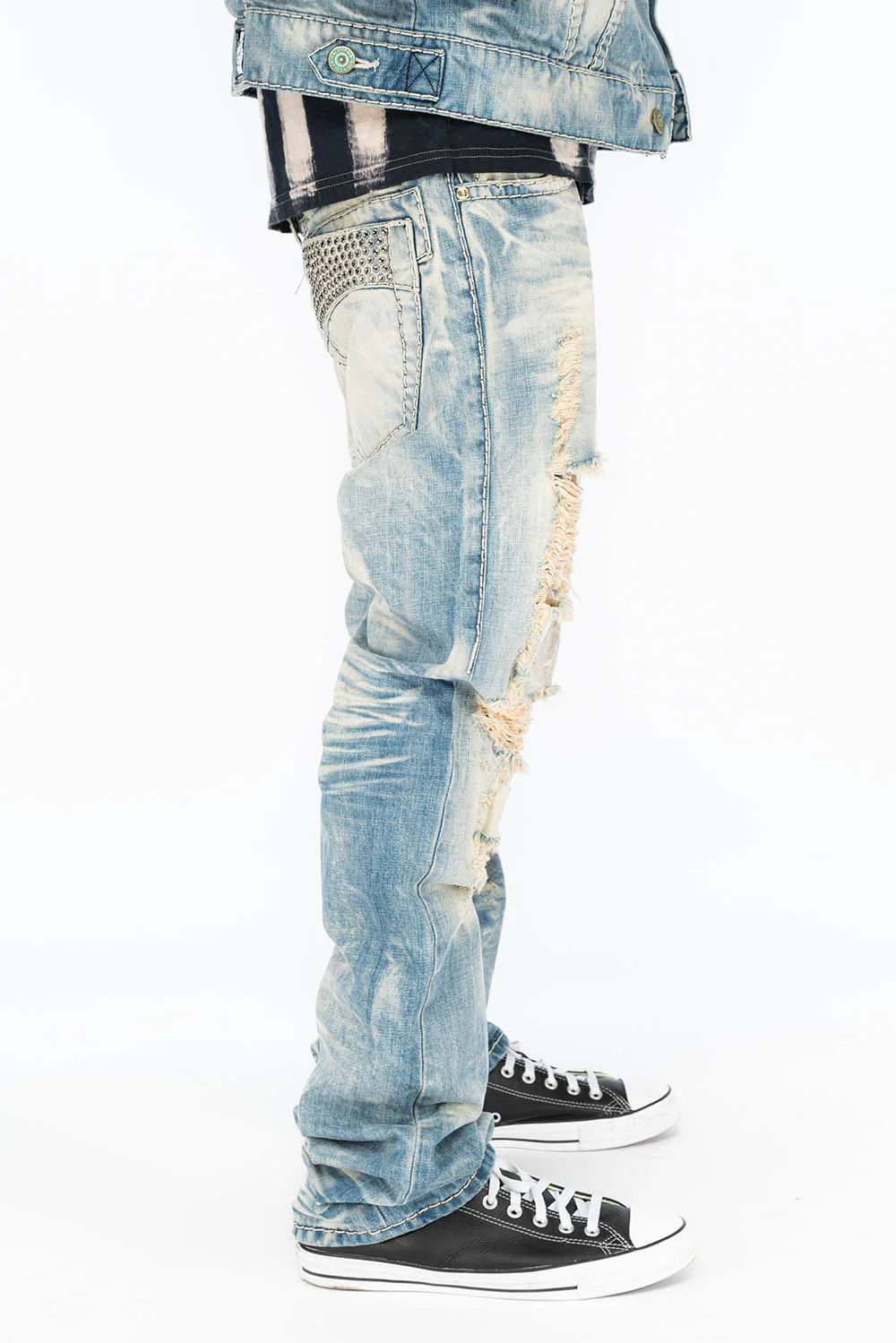 VINTAGE INDIGO DISTRESSED ,RIPPED JEAN WITH WHITE CONTRAST STICH IN OMAHA BROKEN WASH WITH CRYSTALS - Image 3