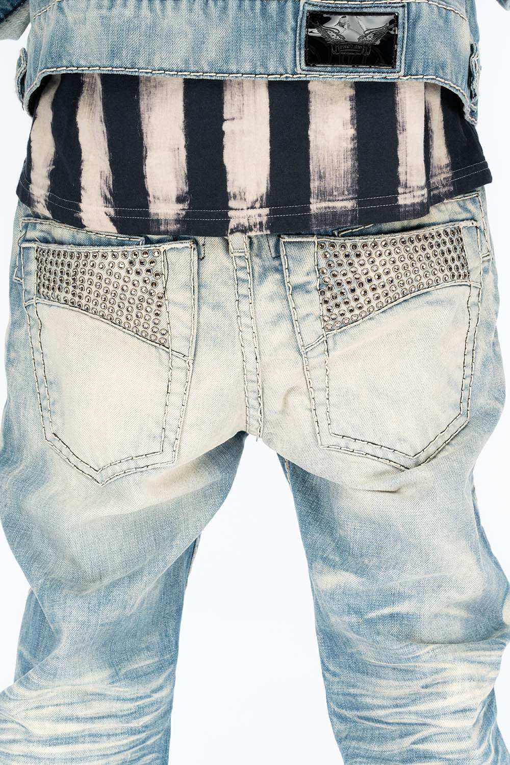 VINTAGE INDIGO DISTRESSED ,RIPPED JEAN WITH WHITE CONTRAST STICH IN OMAHA BROKEN WASH WITH CRYSTALS - Image 4