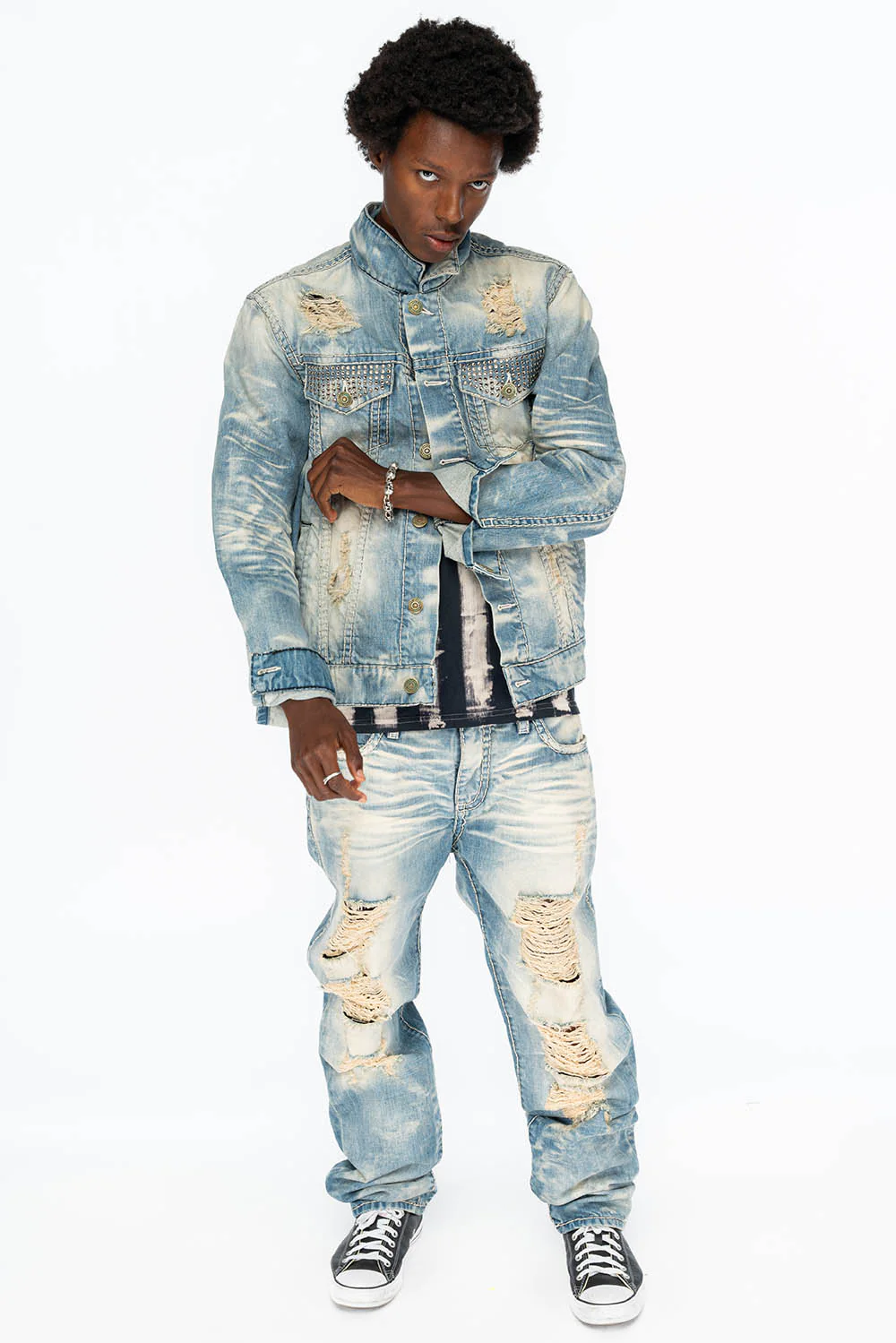 VINTAGE INDIGO DISTRESSED ,RIPPED JEAN WITH WHITE CONTRAST STICH IN OMAHA BROKEN WASH WITH CRYSTALS - Image 8