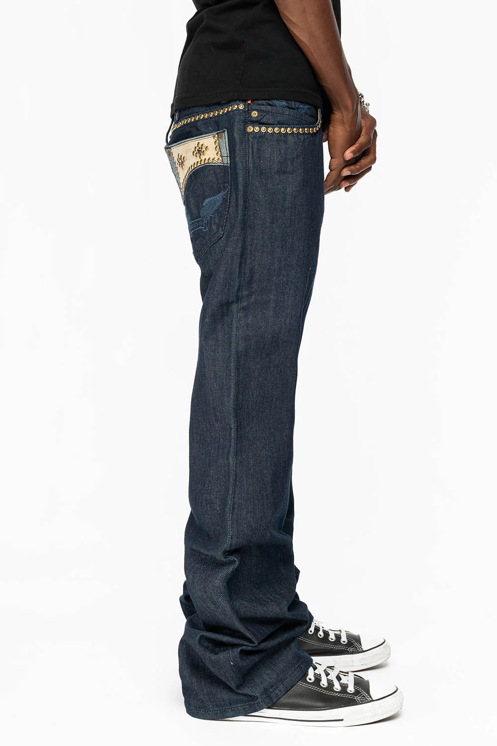 WESTERN BOOT CUT JEAN WITH ULTRA SUEDE POCKET  EMBELLISHED WITH CRYSTALS AND STUDS IN RINSE WASH - Image 3